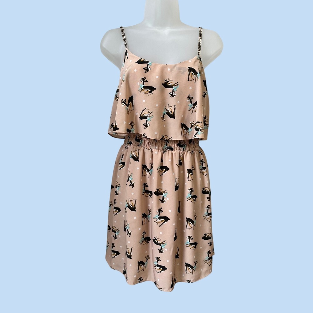 Miss Patina London Deer Polka Dot Mini Dress Peach Braided Strap Smocked S/M